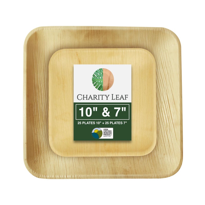 Charity Leaf 50-Piece Palm Leaf Plates Set | 25 x 10" & 25 x 7" Square Plates | Perfect for Parties, Weddings, and Everyday Use - Image 1